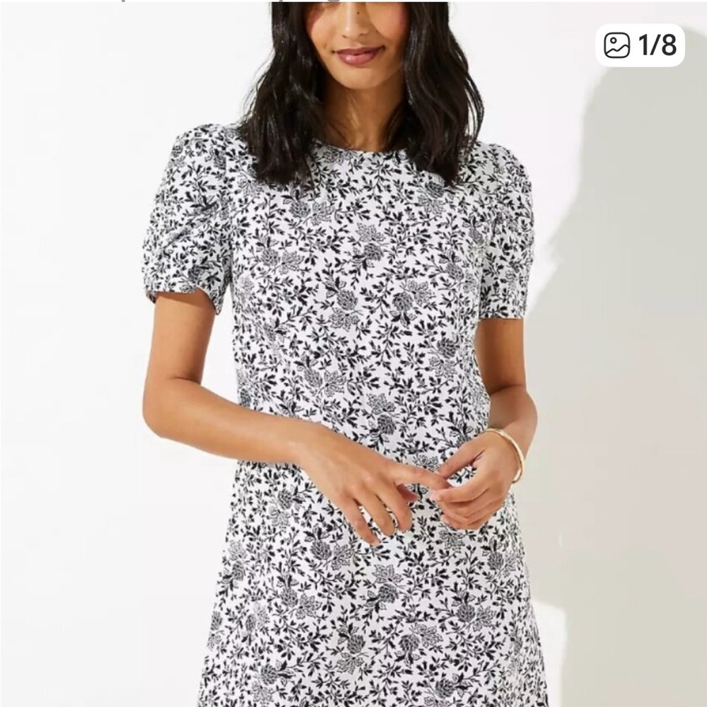 LOFT New Size 6 Linen Blend Shift Floral Ruched Black White Dress
